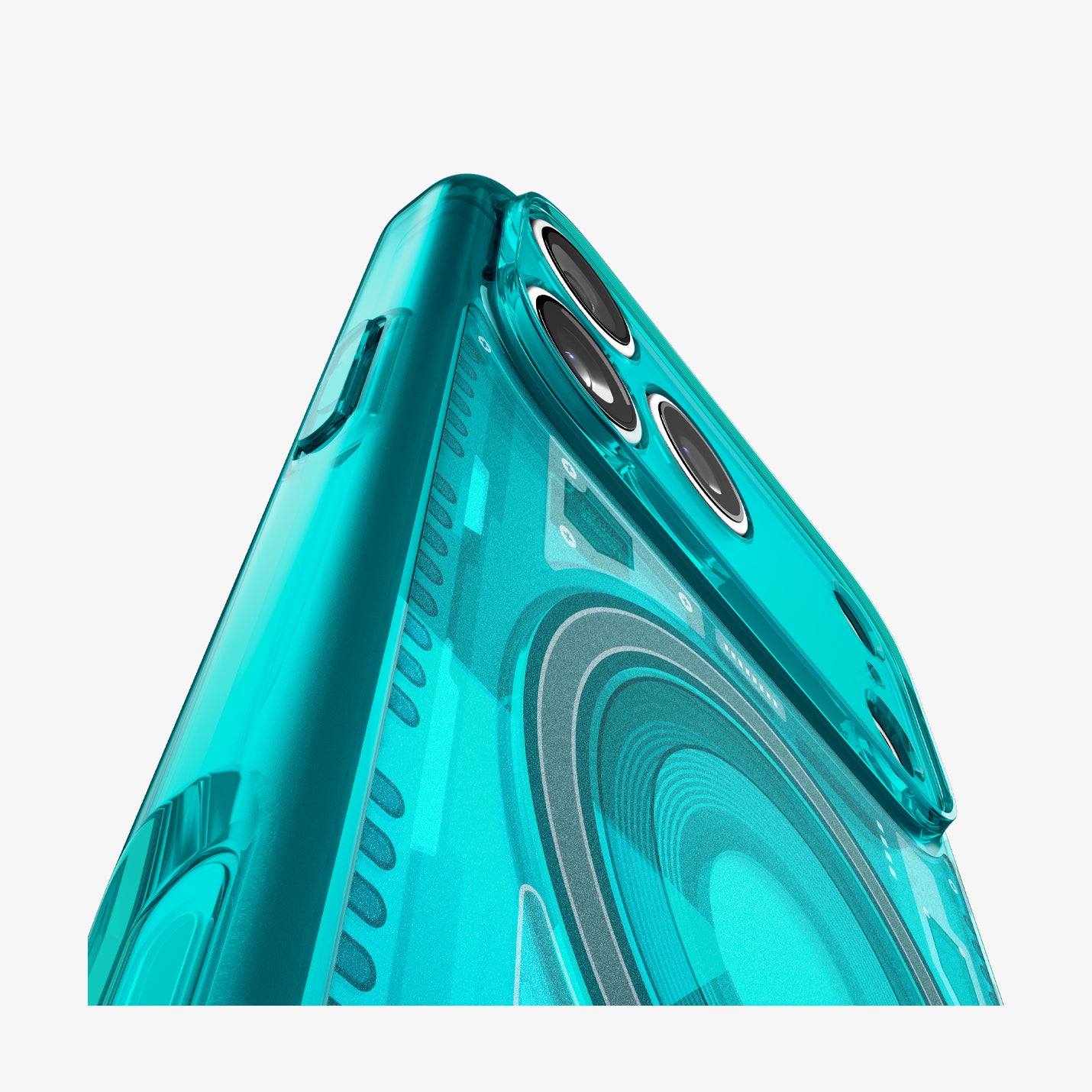 ACS11754 - iPhone 18 Pro Max / iPhone 17 Pro Max Ultra Hybrid C-One (Mag Fit) Bondi Blue showing a close-up of the transparent construction, raised camera protection, and detailed back design