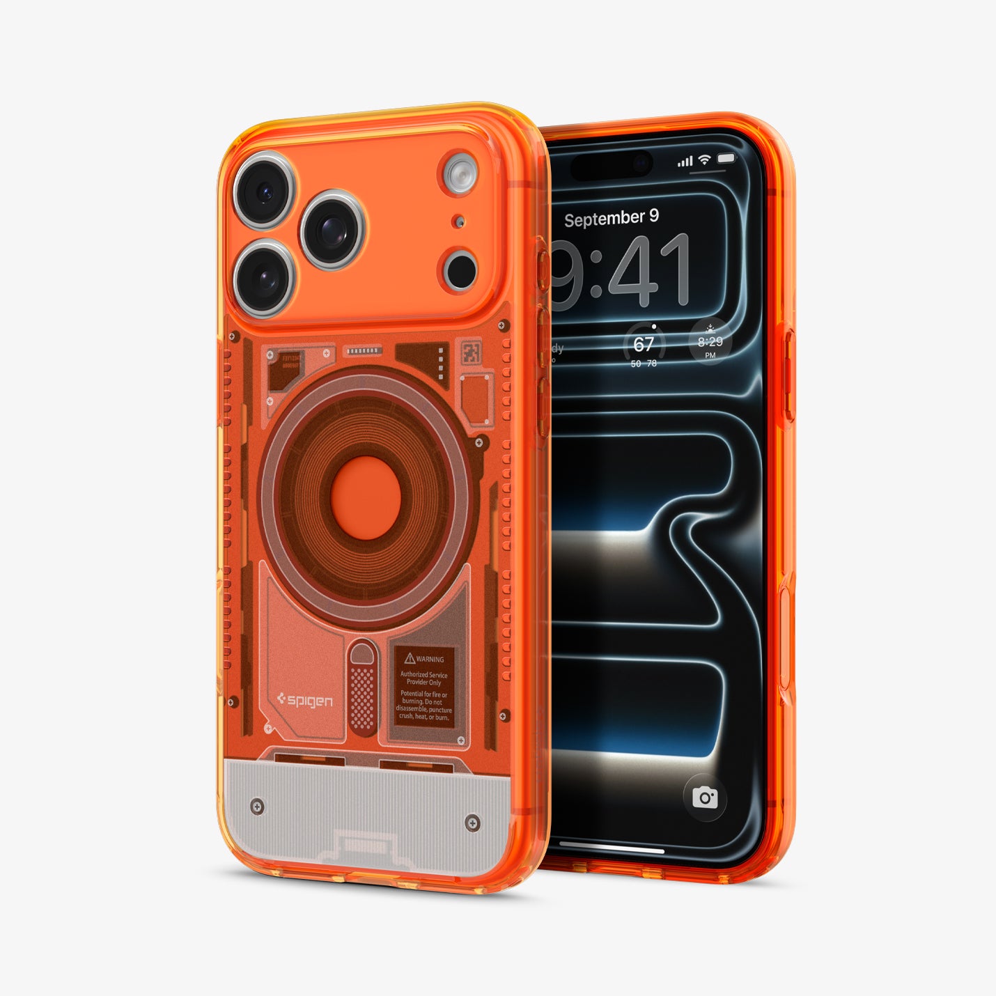 ACS11755 - iPhone 18 Pro Max / iPhone 17 Pro Max Ultra Hybrid C-One (Mag Fit) Tangerine showing a transparent case with a detailed internal-inspired design and integrated magnetic ring