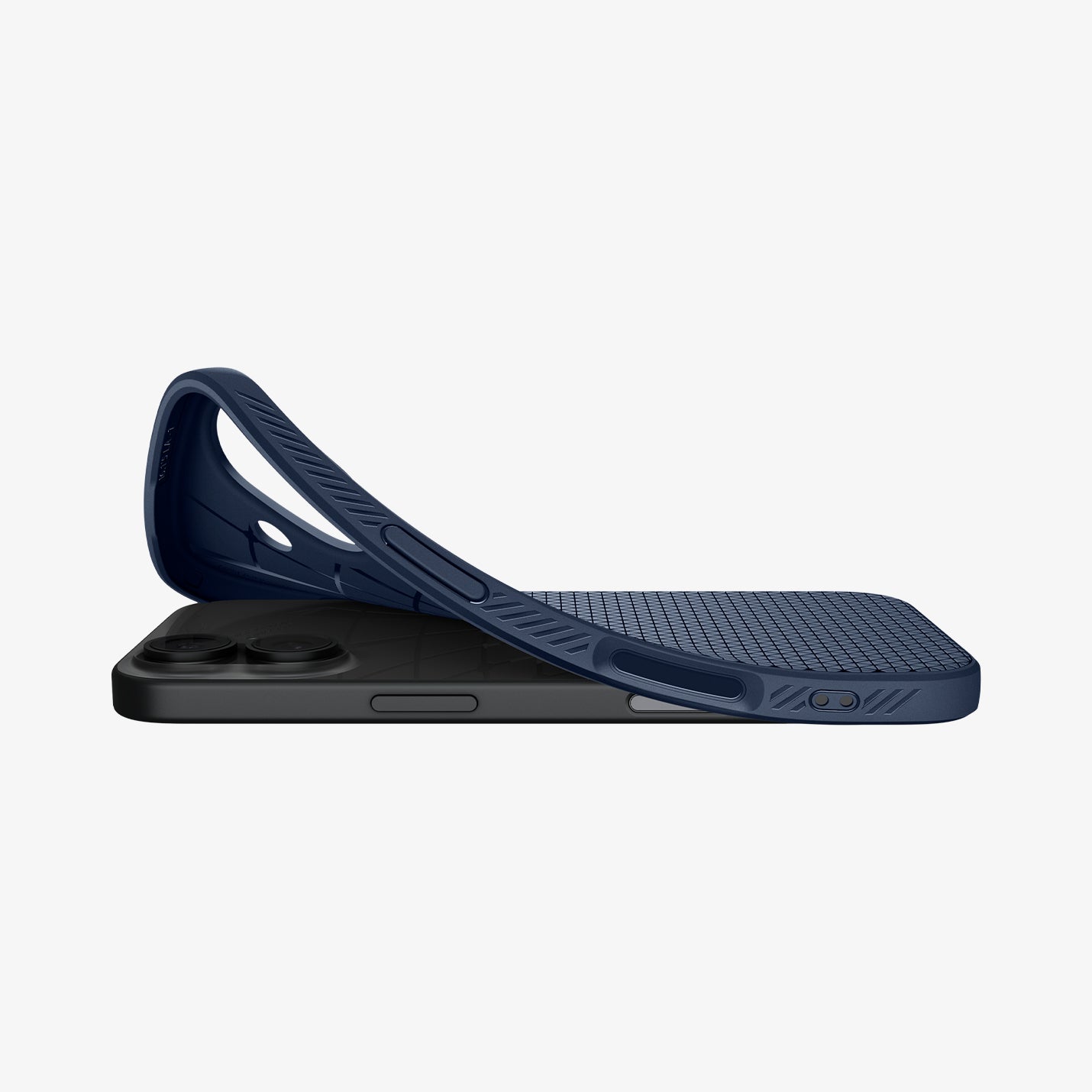 ACS09978 - iPhone 17 Liquid Air in Navy Blue showing the back, partially peeled off from the device on a flat surface