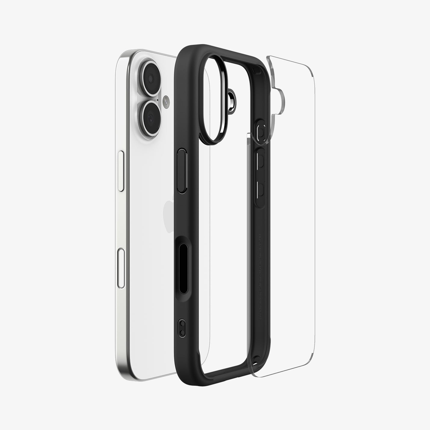 ACS10081 - iPhone 17 Ultra Hybrid in Matte Black showing the back, detached from the frame of the case aligned with the device