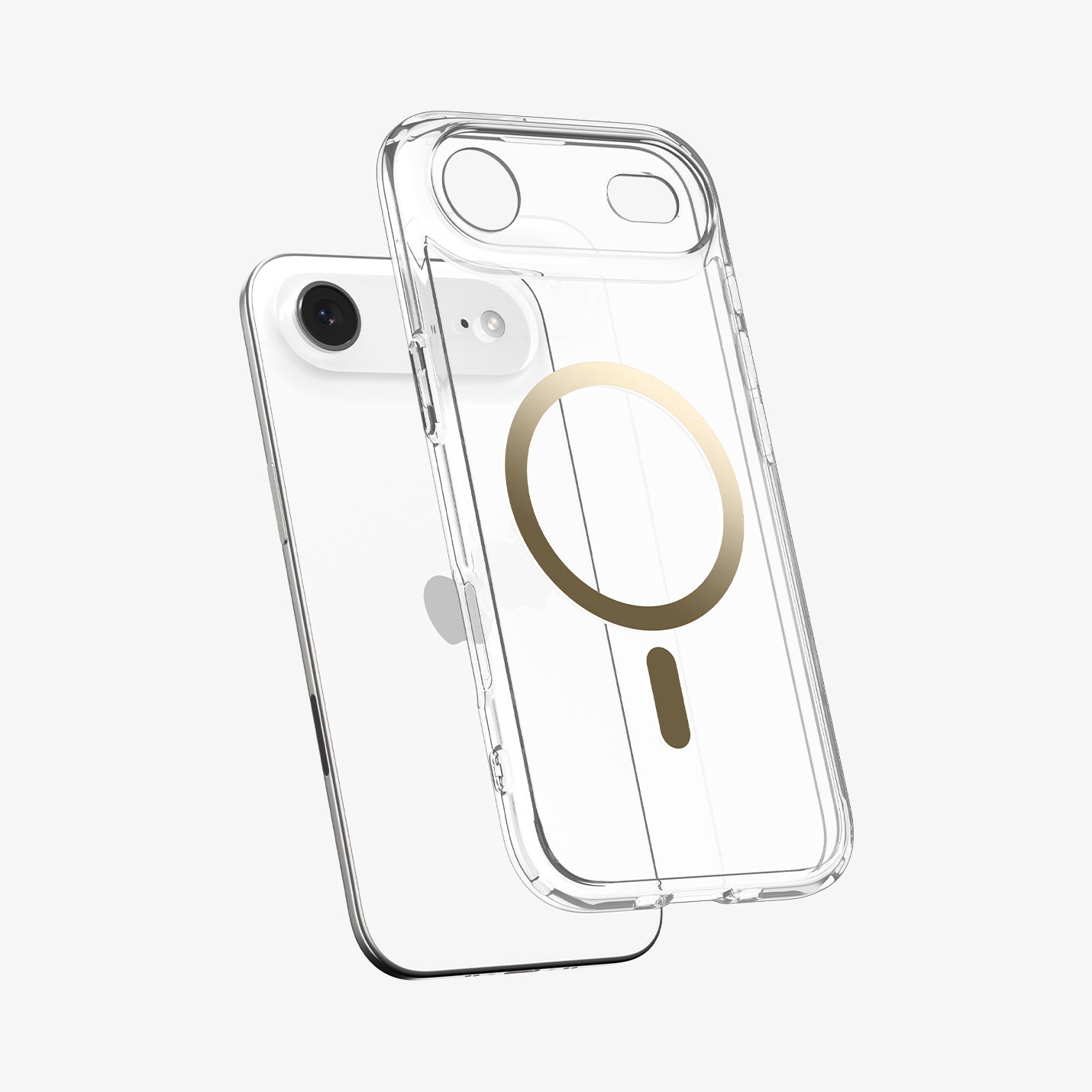 ACS10053 - iPhone 17 Air Ultra Hybrid (MagFit) in Clear Gold showing the front of layer hovering above the magfit magnet plate and the case