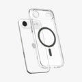 ACS10052 - iPhone 17 Air Ultra Hybrid (MagFit) in Clear Graphite showing the front of layer hovering above the magfit magnet plate and the case
