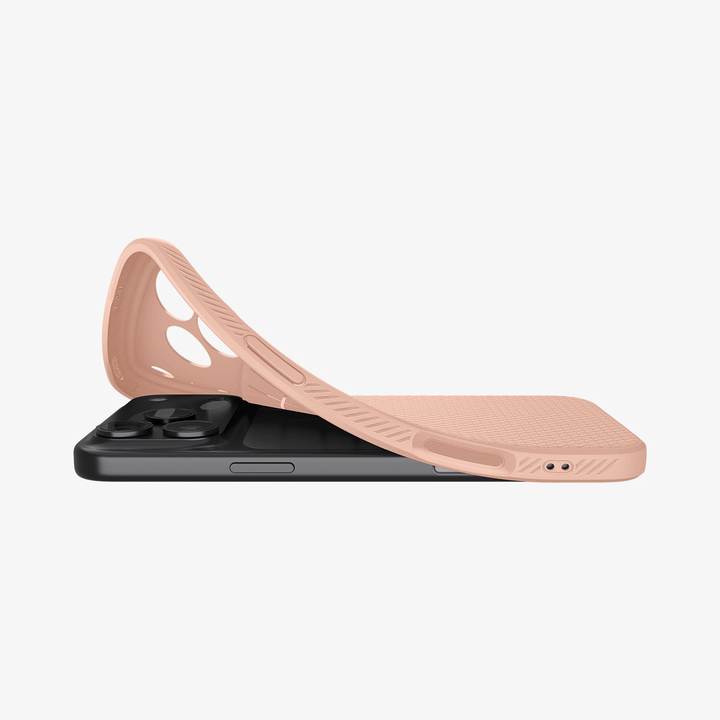 ACS09892 - iPhone 17 Pro Max Liquid Air in Rose Titanium showing the back, partially peeled off from the device on a flat surface