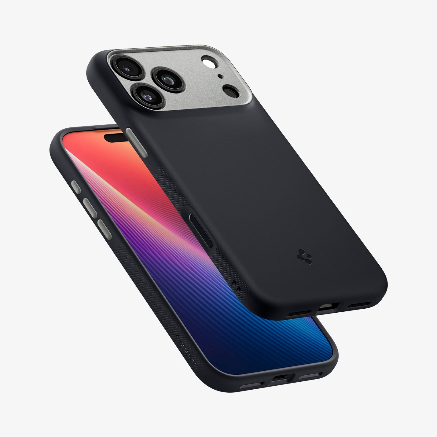 ACS09968CA - iPhone 18 Pro / iPhone 17 Pro Nano Pop (Mag Fit) in Black Sesame showing angled front and back views highlighting the smooth finish, textured grip, and precise button coverage