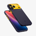 ACS09966CA - iPhone 18 Pro / iPhone 17 Pro Nano Pop (Mag Fit) in Blueberry Navy showing angled front and back views highlighting the smooth finish, textured grip, and precise button coverage