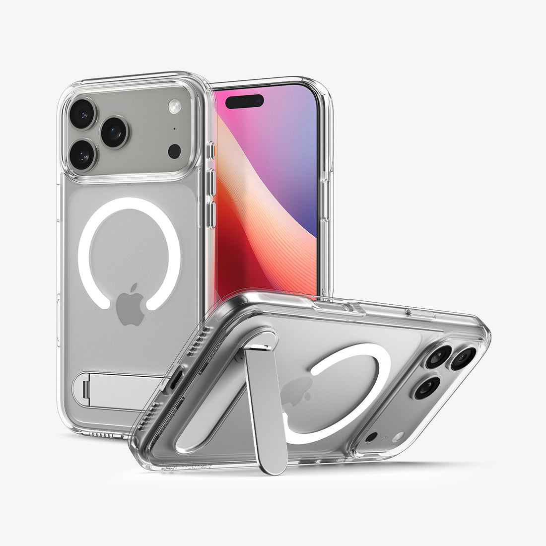 ACS12004 - iPhone 18 Pro Max / iPhone 17 Pro Max Slim Armor Essential S (Mag Fit) showing multiple views of a clear case with a magnetic ring and adjustable kickstand.