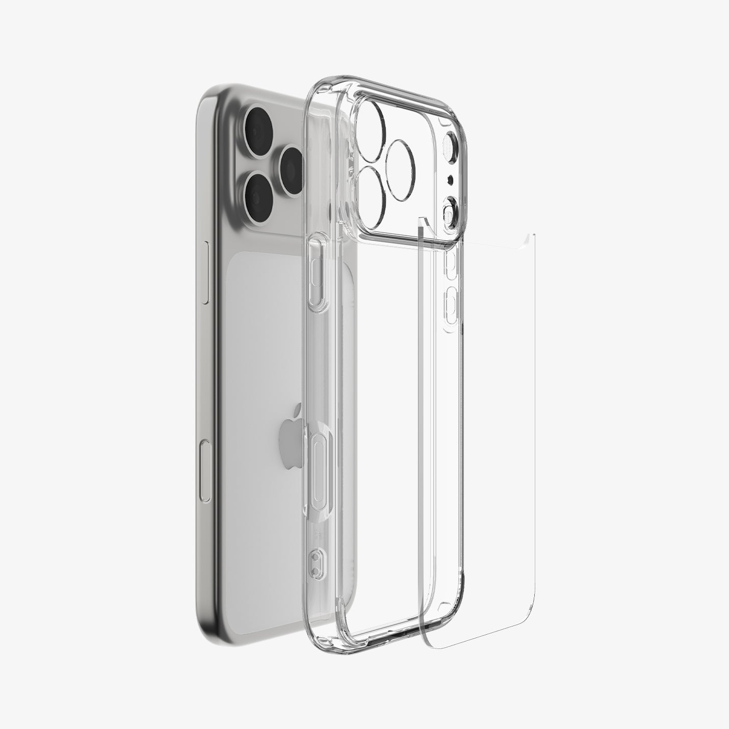 ACS10064 - iPhone 17 Pro Ultra Hybrid in Crystal Clear showing the back, detached from the frame of the case aligned with the device