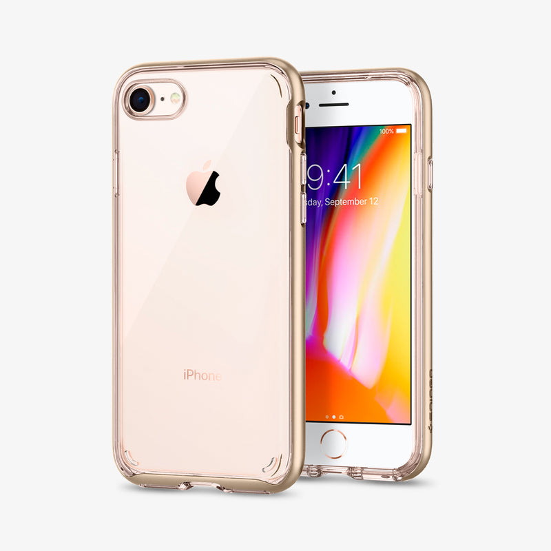 054CS22366 - iPhone 8 Series Neo Hybrid Crystal Case in champagne gold showing the back and front