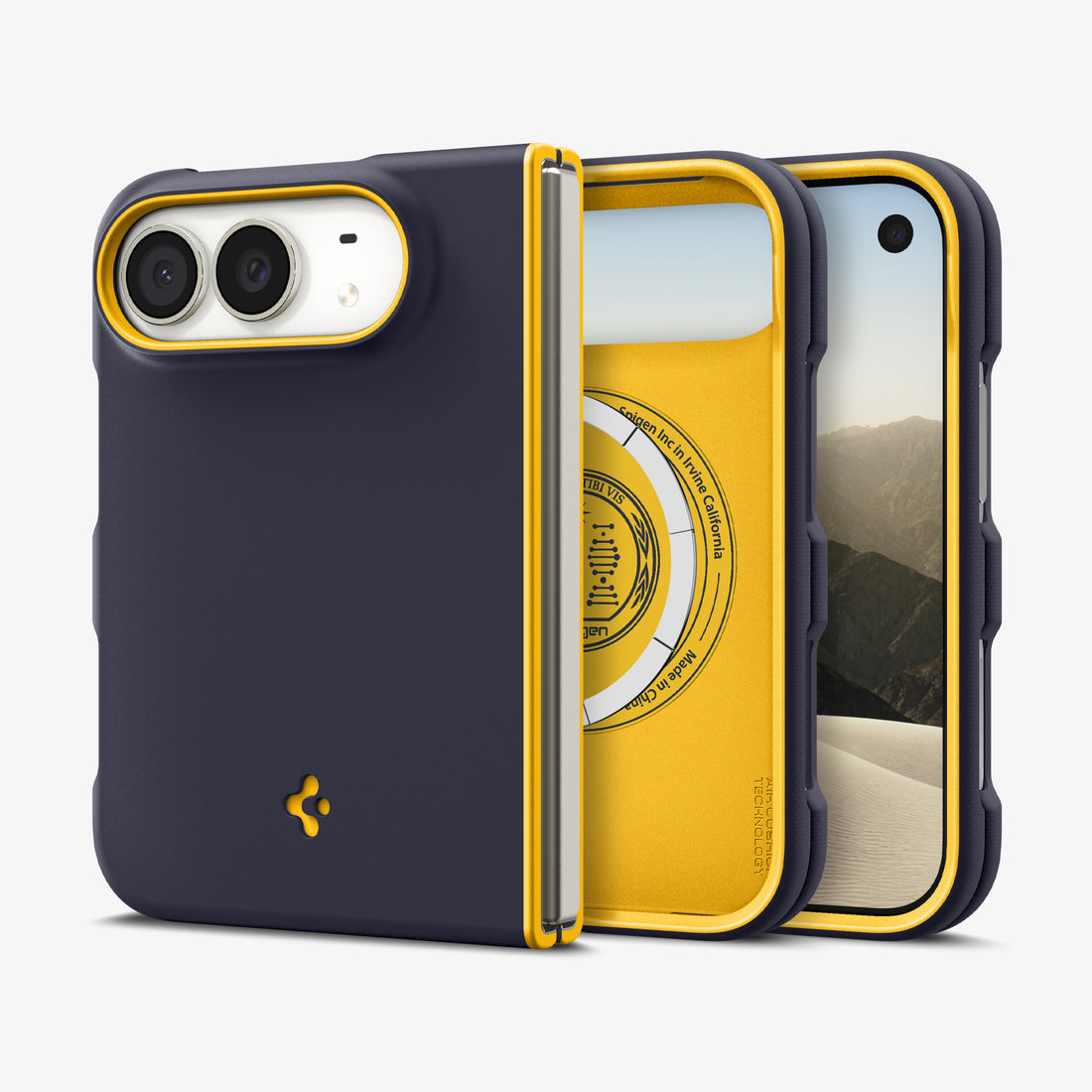 ACS11686 - iPhone Duo Nano Pop (Mag Fit) in Blueberry Navy showing multiple views of the foldable case with contrasting trim, camera protection, and slim profile