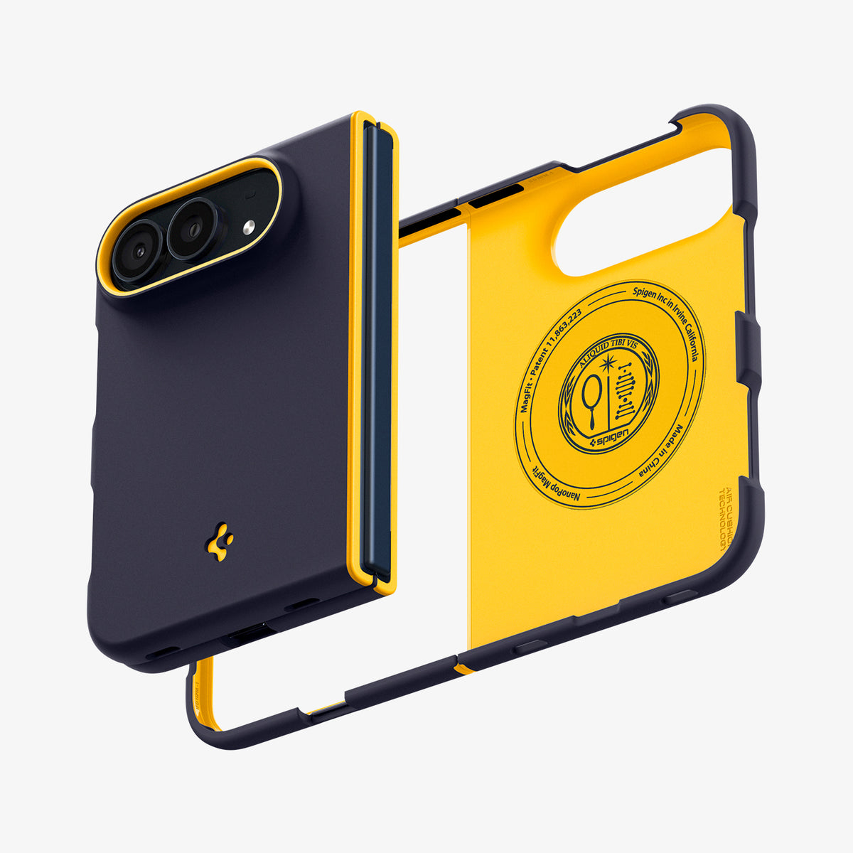 ACS11686 - iPhone Duo Nano Pop (Mag Fit) in Blueberry Navy showing an exploded view of a two-piece foldable phone case with a separate front frame, rear cover, and circular magnetic ring.