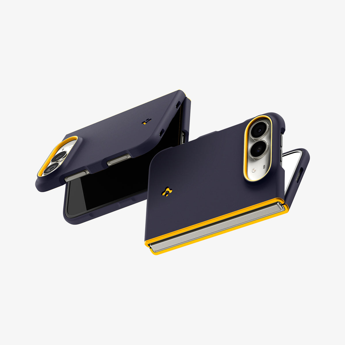 ACS11686 - iPhone Duo Nano Pop (Mag Fit) in Blueberry Navy showing angled views of a foldable phone case with raised camera edges, side button cutouts, and an exposed hinge.