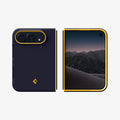 ACS11686 - iPhone Duo Nano Pop (Mag Fit) in Blueberry Navy showing front and back views of a foldable phone case with raised camera edges, a smooth back panel, and contrasting trim.