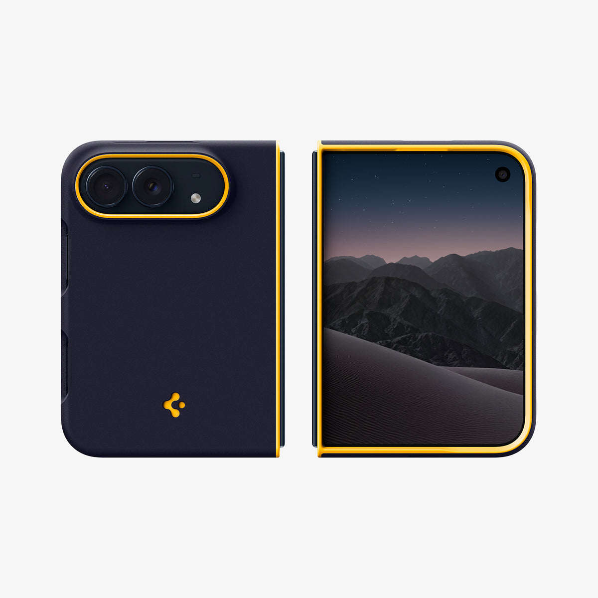 ACS11686 - iPhone Duo Nano Pop (Mag Fit) in Blueberry Navy showing front and back views of a foldable phone case with raised camera edges, a smooth back panel, and contrasting trim.