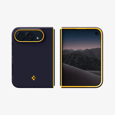 ACS11686 - iPhone Duo Nano Pop (Mag Fit) in Blueberry Navy showing front and back views of a foldable phone case with raised camera edges, a smooth back panel, and contrasting trim.