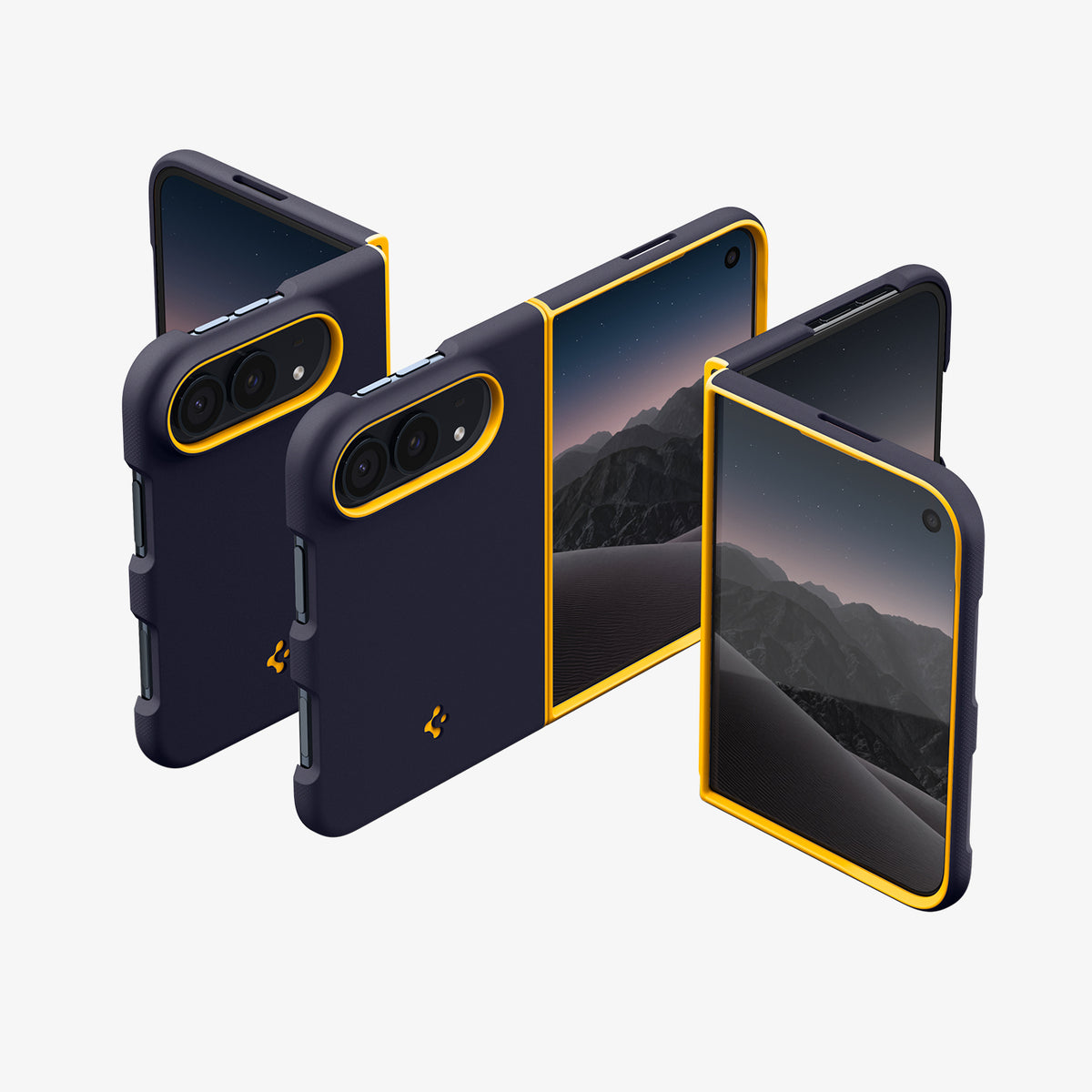 ACS11686 - iPhone Duo Nano Pop (Mag Fit) in Blueberry Navy showing multiple angles of a foldable phone case on devices in folded, partially unfolded, and fully unfolded positions.