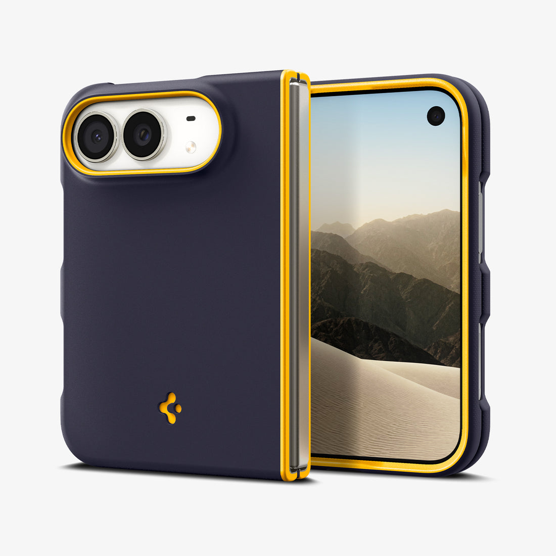ACS11686 - iPhone Duo Nano Pop (Mag Fit) in Blueberry Navy showing front and rear views of the case partially folded with raised protective edges