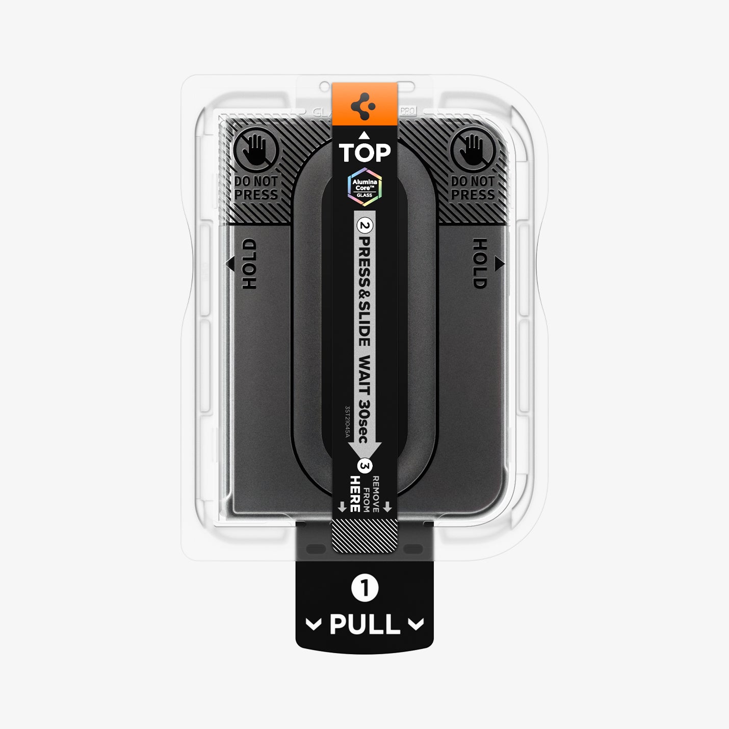 AGL12007 - iPhone Duo Glas.tR EZ Fit Pro showing the screen protector installation tray with labeled pull and slide instructions.
