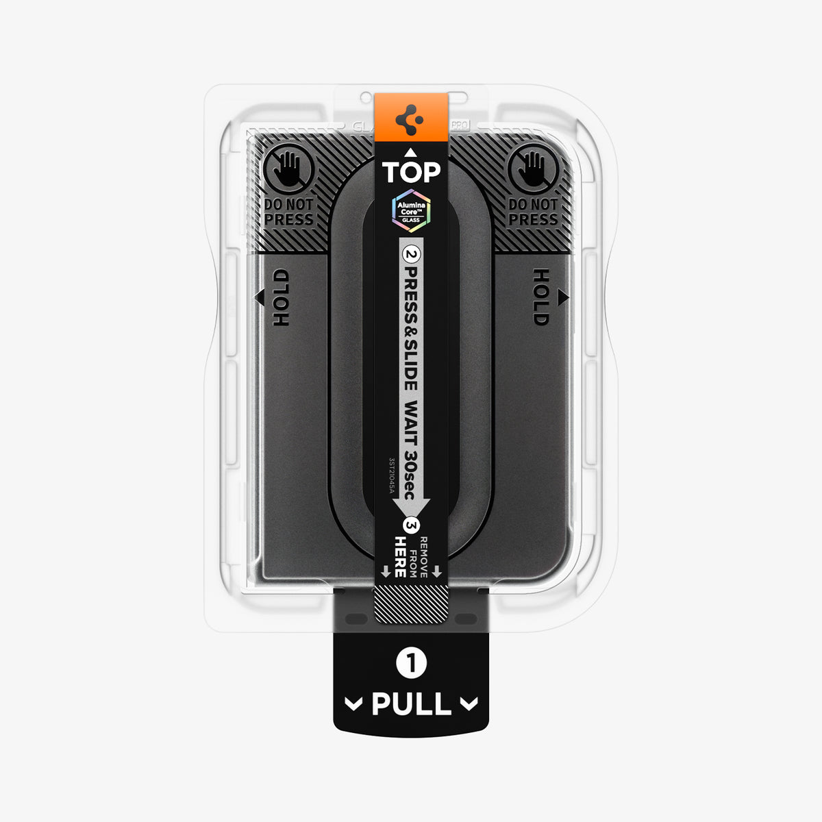 AGL12009 - iPhone Duo GLAS.tR EZ Fit Pro | Privacy showing the screen protector installation tray with labeled pull, hold, and press-and-slide instructions.