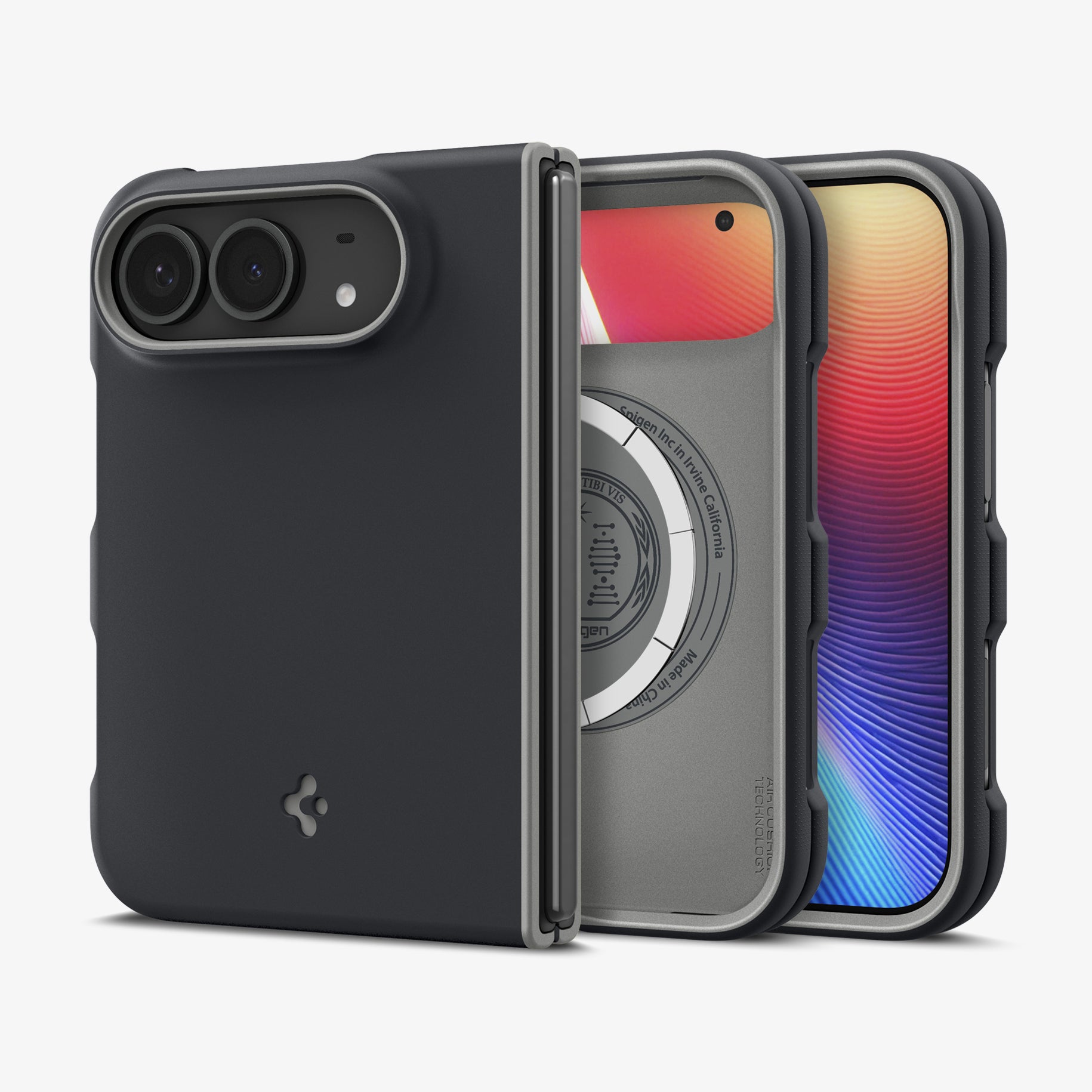 ACS11687 - iPhone Duo Nano Pop (Mag Fit) in Black Sesame showing multiple views of the foldable case with contrasting trim, camera protection, and slim profile