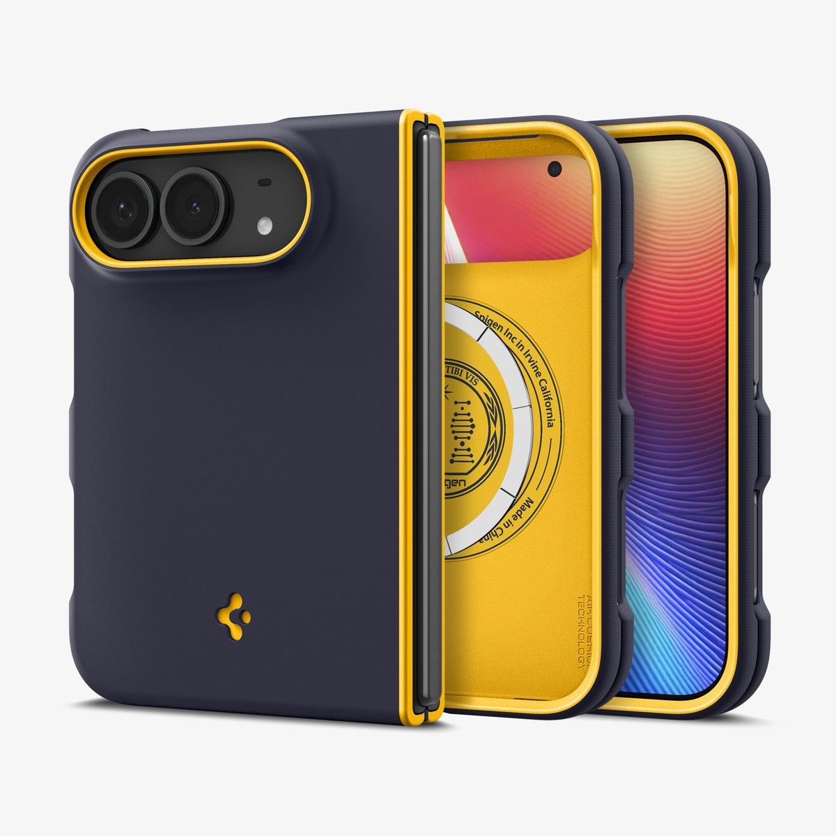 ACS11686 - iPhone Duo Nano Pop (Mag Fit) in Blueberry Navy showing multiple views of the foldable case with contrasting trim, camera protection, and slim profile