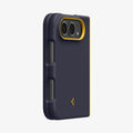 ACS11686 - iPhone Duo Nano Pop (Mag Fit) in Blueberry Navy showing an angled rear view highlighting the camera frame, side controls, and textured grip