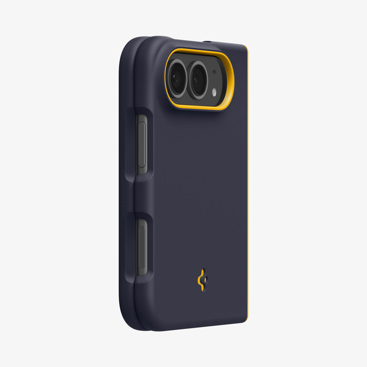 ACS11686 - iPhone Duo Nano Pop (Mag Fit) in Blueberry Navy showing an angled rear view highlighting the camera frame, side controls, and textured grip