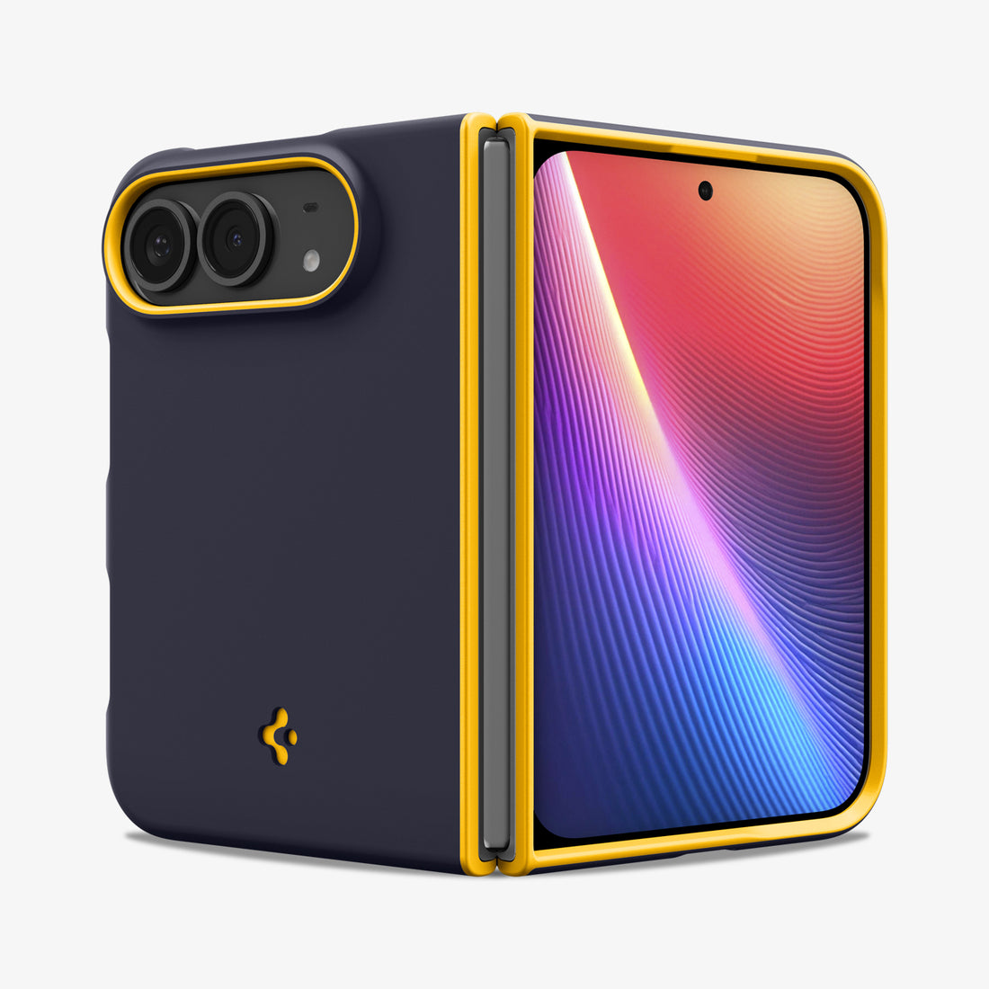 ACS11686 - iPhone Duo Nano Pop (Mag Fit) in Blueberry Navy showing front and rear views of the case partially folded with raised protective edges