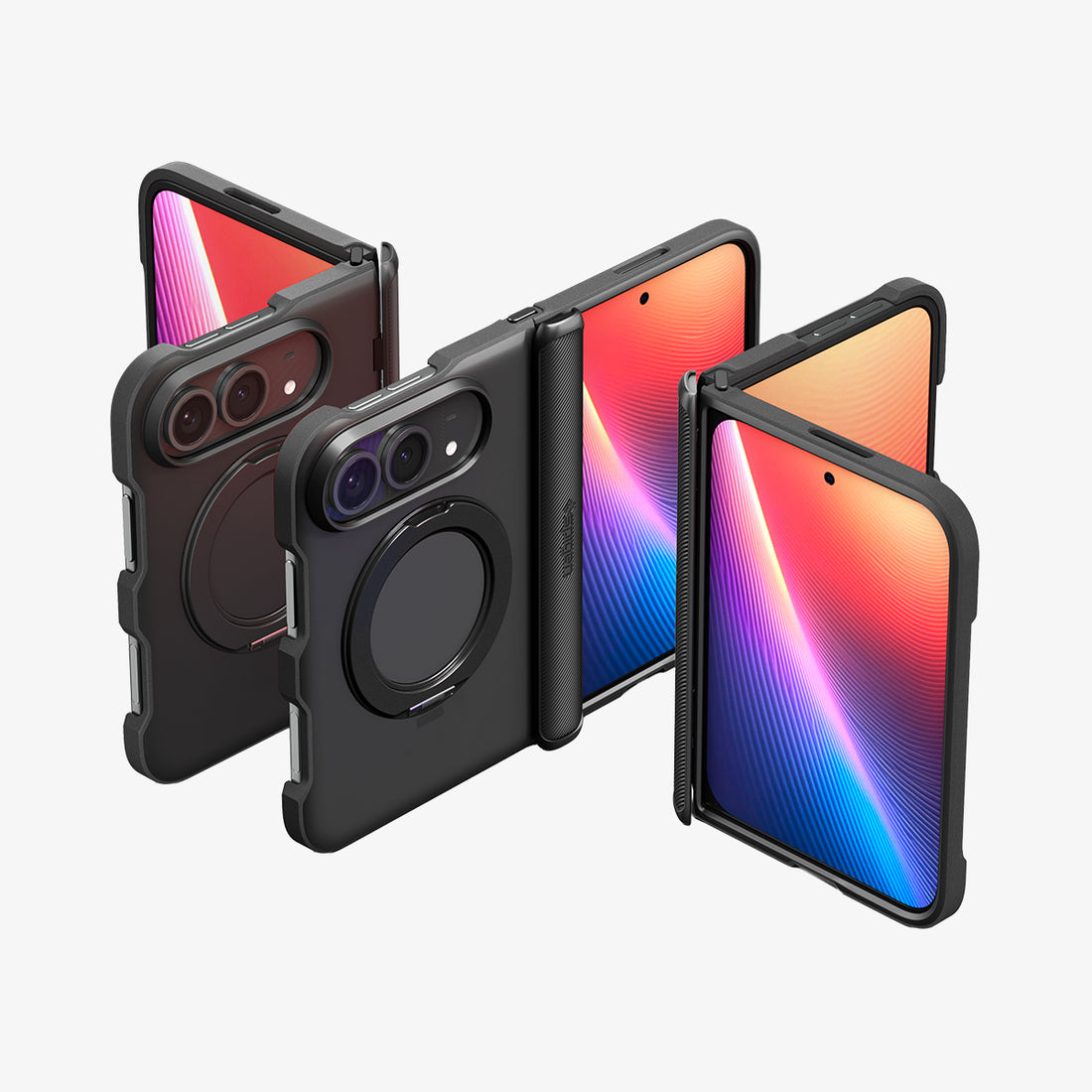 ACS11780 - iPhone Duo Slim Armor Pro S (Mag Fit) showing multiple folding positions with circular kickstand and hinge protection