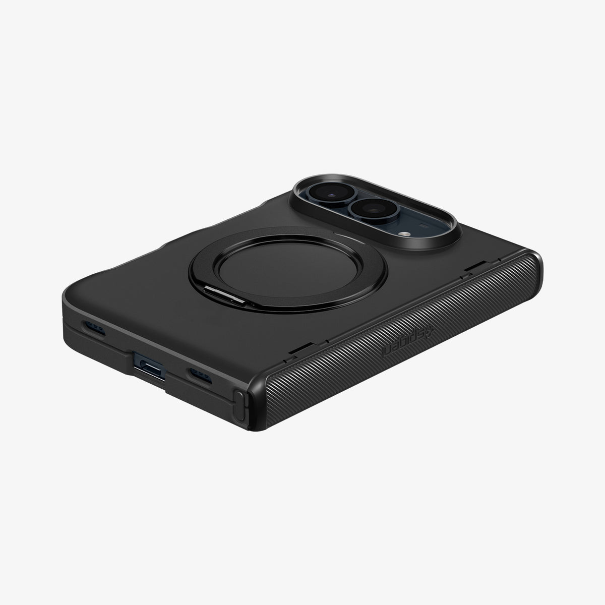 ACS11780 - iPhone Duo Slim Armor Pro S (Mag Fit) showing an angled rear view of a foldable phone case with a circular ring stand, raised camera edges, and port cutouts.