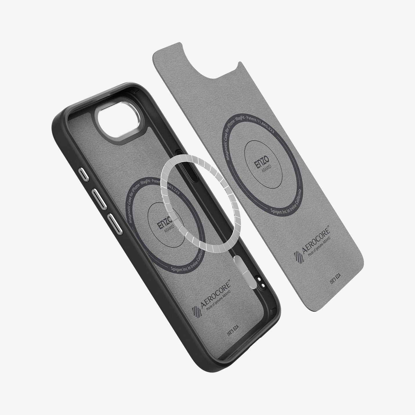 ACS09153 - iPhone 16e Case Enzo Aramid in Matte Black showing the inner layer hovering above the metal ring and the case