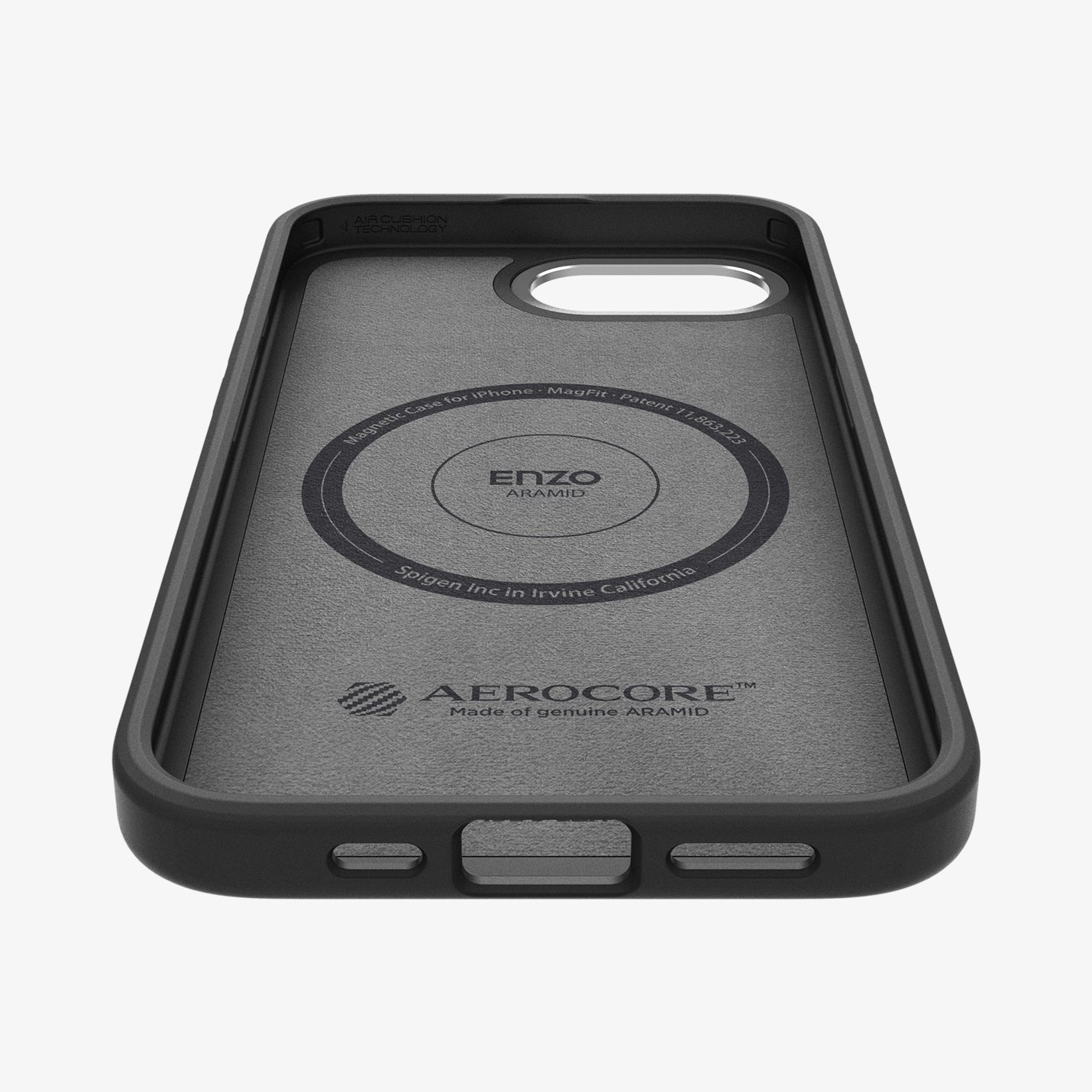 ACS09153 - iPhone 16e Case Enzo Aramid in Matte Black showing the inner, partial bottom zoomed in