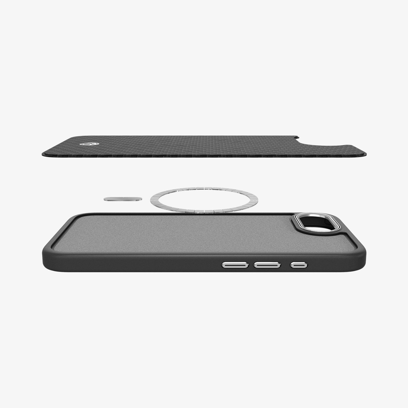 ACS09153 - iPhone 16e Case Enzo Aramid in Matte Black showing the back cover part hovering above the detached metal ring and the rest of the case