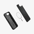 ACS09151 - iPhone 16e Case Liquid Air (MagFit) in Matte Black showing the inner layer detached, hovering above the metal ring and the case