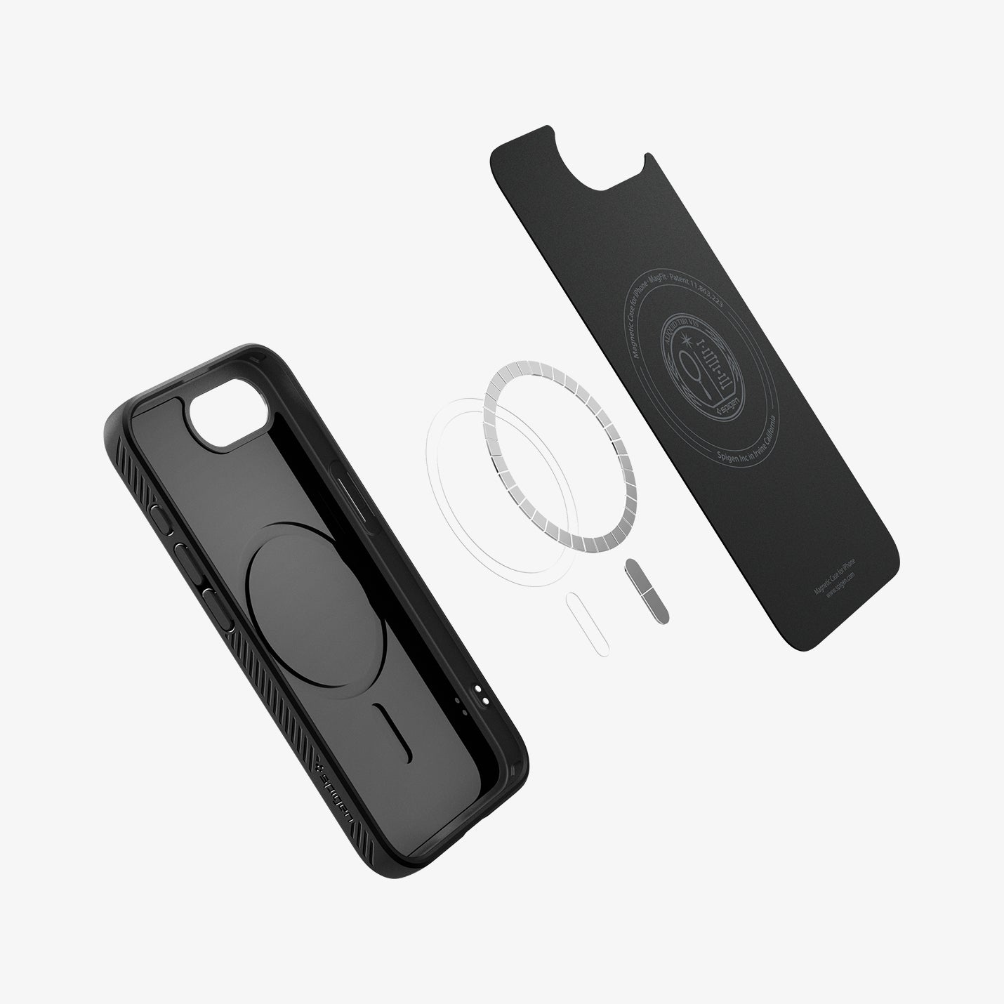 ACS09151 - iPhone 16e Case Liquid Air (MagFit) in Matte Black showing the inner layer detached, hovering above the metal ring and the case