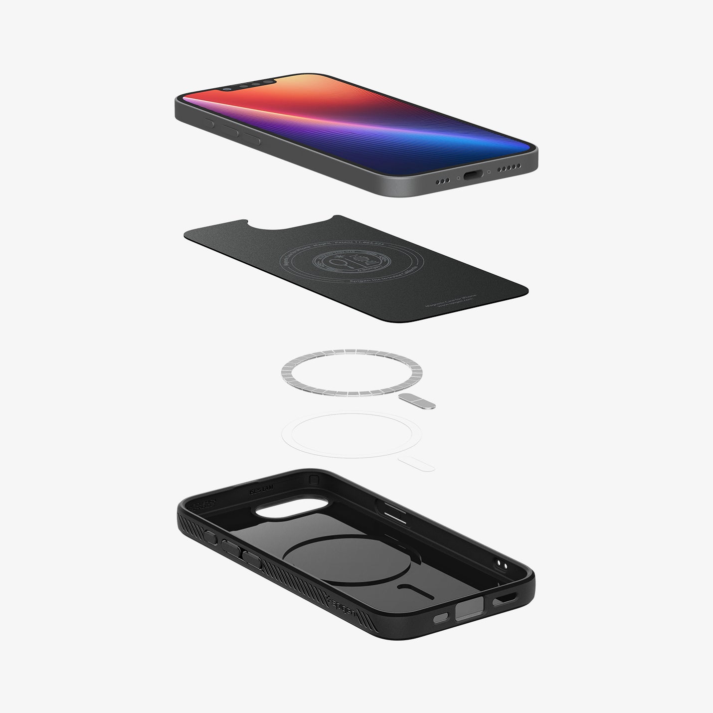 ACS09151 - iPhone 16e Case Liquid Air (MagFit) in Matte Black showing the device hovering above the detached inner layer, metal ring and the case