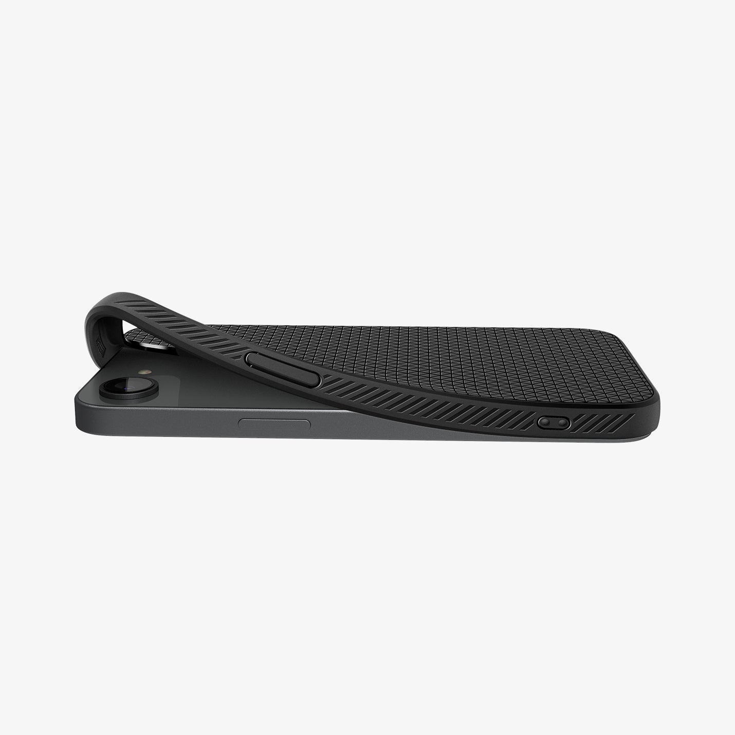 ACS09151 - iPhone 16e Case Liquid Air (MagFit) in Matte Black showing the partial back and sides while the corner is partially lifted