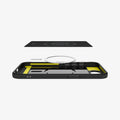 ACS09152 - iPhone 16e Case Rugged Armor (MagFit) in Matte Black showing the inner layer hovering above the detached metal ring and the case