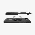 ACS09129 - iPhone 16e Case Slim Armor (MagFit) in Black showing the back cover hovering above the detached metal ring and the first layer case