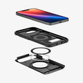 ACS09129 - iPhone 16e Case Slim Armor (MagFit) in Black showing the device hovering above the first layer case, detached metal ring parts and back cover case