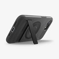 ACS09131 - iPhone 16e Case Slim Armor (MagFit) in Frost Black showing the back, partial side and bottom propped up with the built-in kickstand