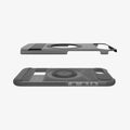 ACS09131 - iPhone 16e Case Slim Armor (MagFit) in Frost Black showing the back cover hovering above the detached metal ring and the first layer case