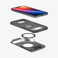 ACS09131 - iPhone 16e Case Slim Armor (MagFit) in Frost Black showing the device hovering above the first layer case, detached metal ring parts and back cover case