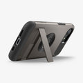 ACS09130 - iPhone 16e Case Slim Armor (MagFit) in Gunmetal showing the back, partial side and bottom propped up with the built-in kickstand