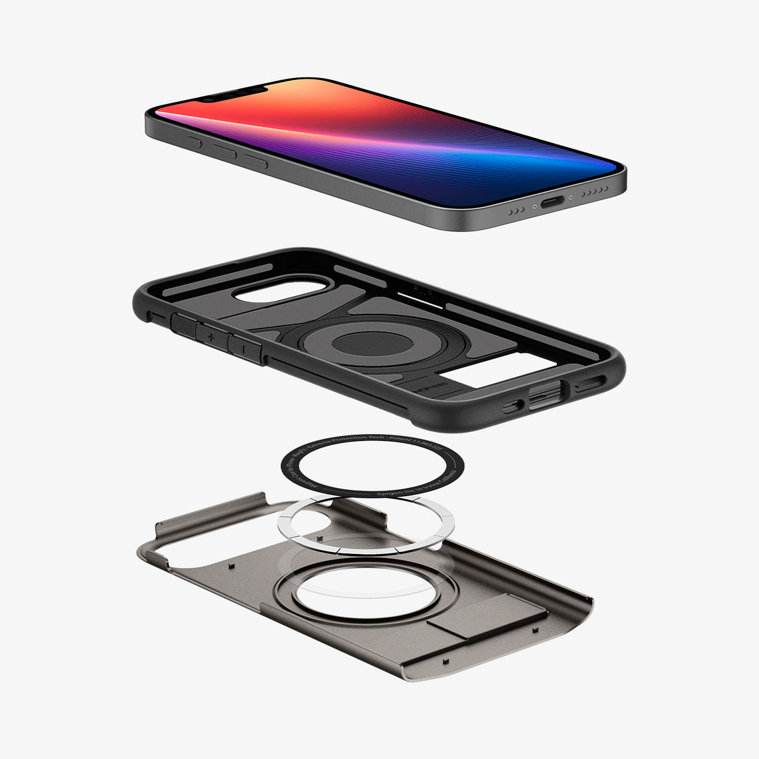 ACS09130 - iPhone 17e Case Slim Armor (MagFit) in Gunmetal showing the device hovering above the first layer case, detached metal ring parts and back cover case