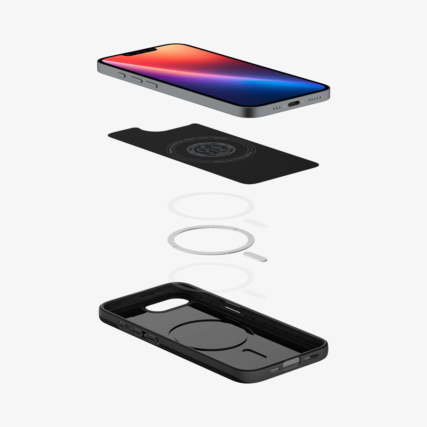 ACS09135 - iPhone 16e Case Thin Fit (MagFit) in Black showing the device hovering above the detached inner layer, metal ring and the case