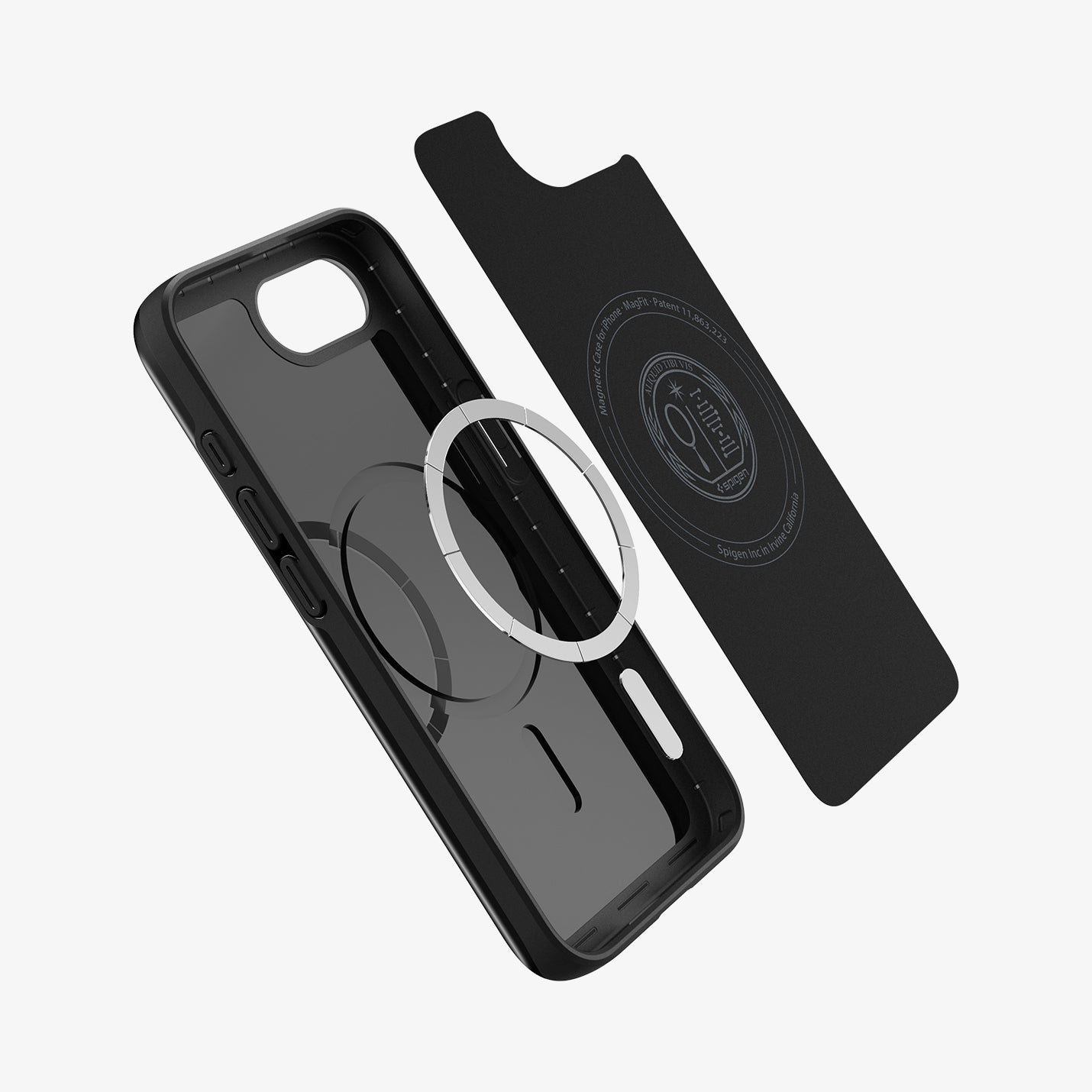 ACS09135 - iPhone 16e Case Thin Fit (MagFit) in Black showing the inner layer hovering above the detached metal ring and the case