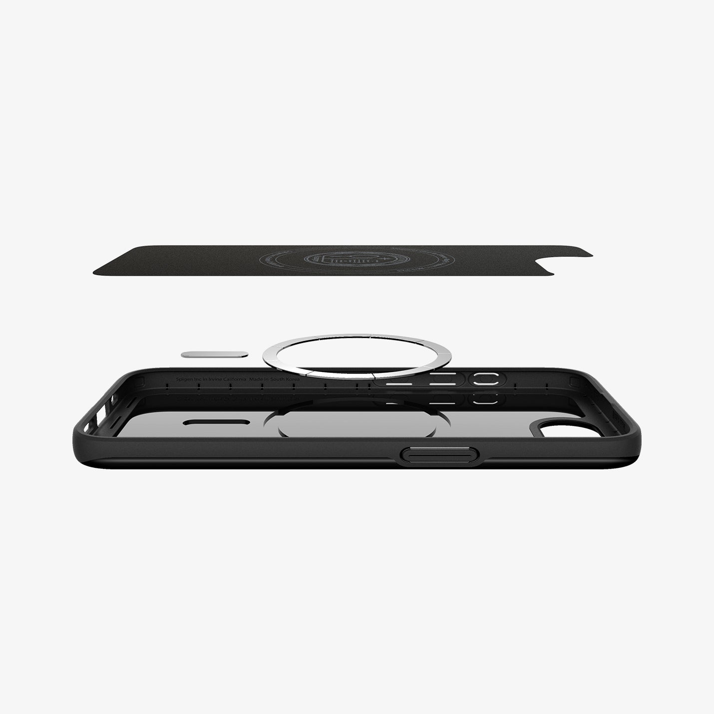 ACS09135 - iPhone 16e Case Thin Fit (MagFit) in Black showing the inner layer hovering above the detached metal ring and the case