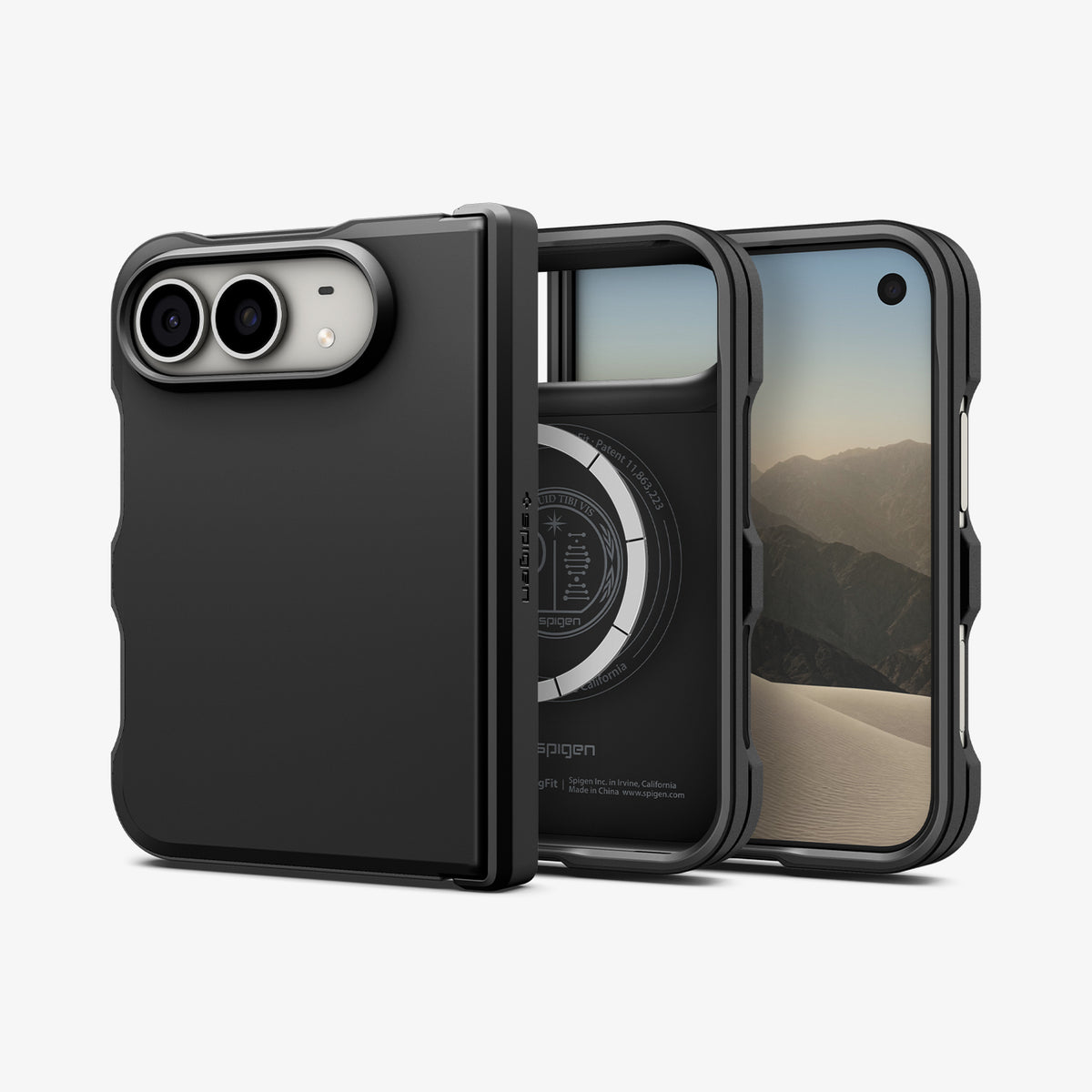 ACS11690 - iPhone Duo Tough Armor Pro (Mag Fit) in Black showing the case from front and back with a magnetic ring and full hinge coverage
