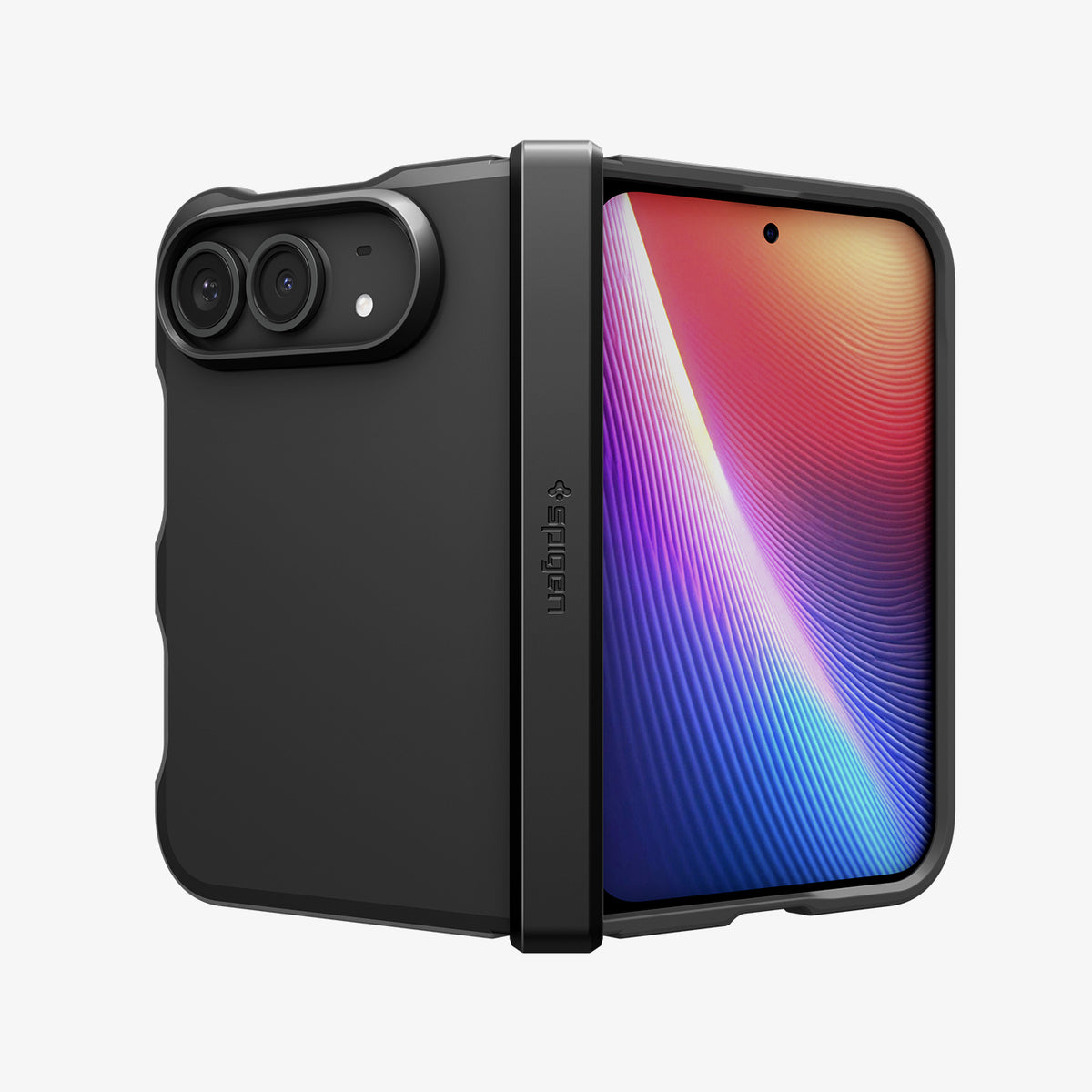 ACS11690 - iPhone Duo Tough Armor Pro (Mag Fit) in Black showing the rugged case in a partially folded position with full hinge and camera protection
