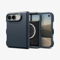 ACS11691 - iPhone Duo Tough Armor Pro (Mag Fit) in Metal Slate showing the case from front and back with a magnetic ring and full hinge coverage